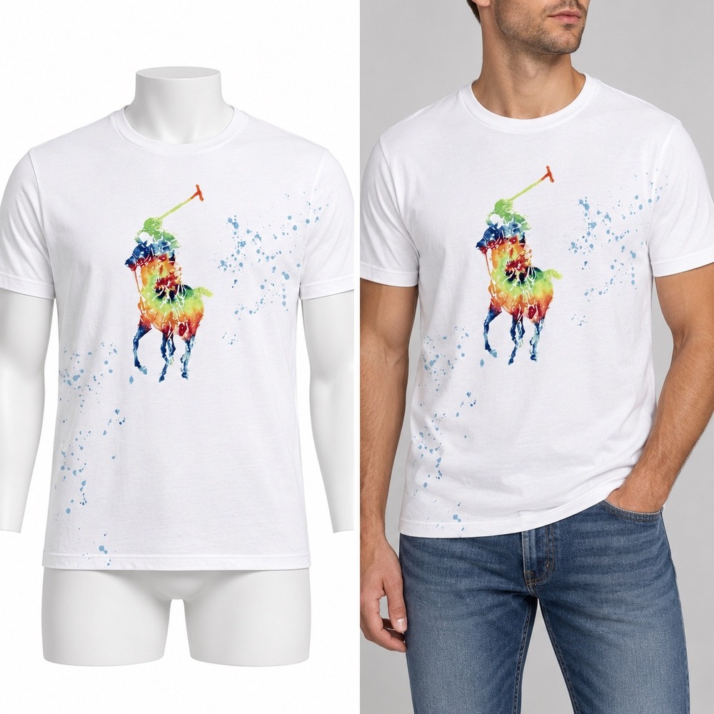 Polo Ralph Lauren T-Shirt Women M White Rainbow Big Pony Paint Splatter Graphic